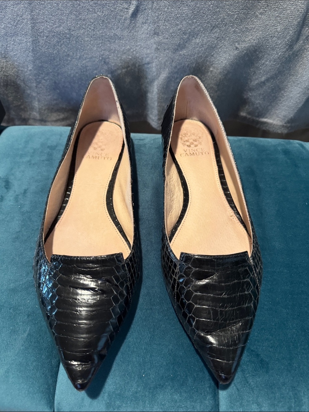 Vince Camuto Black Croc-Embossed Pointed Toe Flats